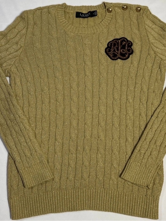 Ralph Lauren Sweaters - Ralph Lauren Gold Cable-Knit Crewneck Sweater with Embroidered Patch